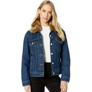 Levi's Dark Wash Denim Jacket Ex Boyfriend Fur Collar Trucker Jacket, Cool Girl